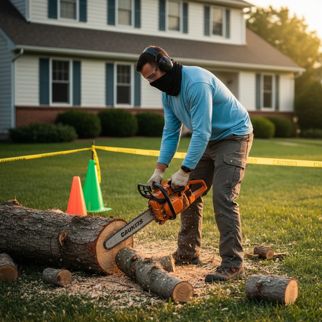 A worker wearing protective gear uses a chainsaw to cut a log in a residential yard.